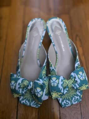 ANTONIO MELANI Teal Floral Bow Mules